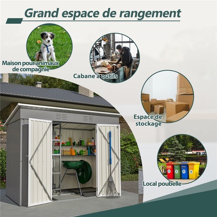 Kimfead Abri de Jardin Métal 2,54 m² - Cabane d'Outils 238x131x181 cm avec Fondation et Double Porte Coulissante