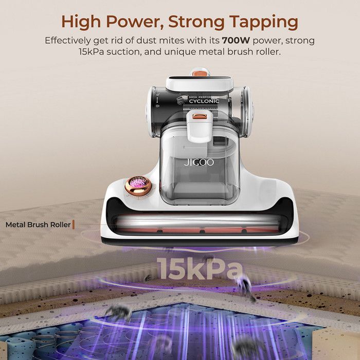 JIGOO T600 Mattress Vacuum Cleaner – Dual Tank, 99.99% Dust Mite Elimination with Aroma Diffusion System –