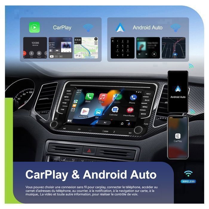 Autorradio Hikity 4G + 64G de 7 pulgadas con Android 15 para VW Golf 5, 6, Touran y Polo, con CarPlay inalámbrico, Android Auto, GPS y cámara de visión trasera.