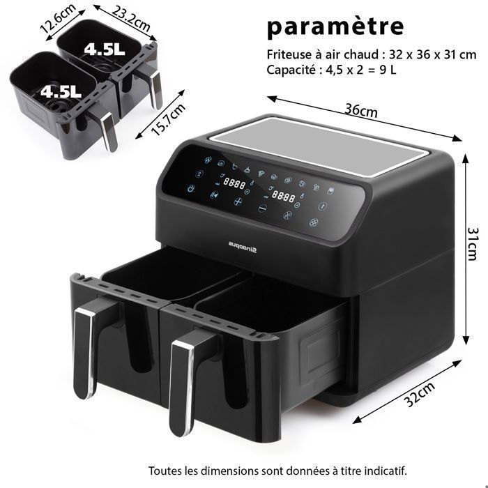 Friteuse sans Huile SIN-802X – Air Fryer Double Cuve 9L avec Séparateur Amovible – Grand Écran Couleur – 10 Programmes – 2200W