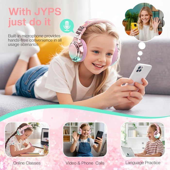 Wireless children's headphones, metal, Bluetooth 5.3, microphone, foldable, for girls, boys, teenagers, compatible with iPad, PC, tablet, pink