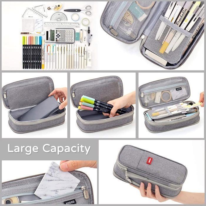 Estuche plegable de gran capacidad, estuche escolar, estuche de lona con cremallera, estuche portátil para la oficina, gris.