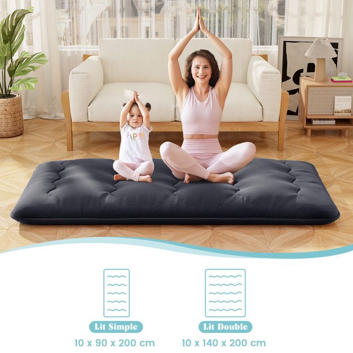 Colchão futon COSTWAY 90 x 200 cm, sobrecolchão removível e lavável, colchão de chão portátil com bolsa de transporte para camping, preto