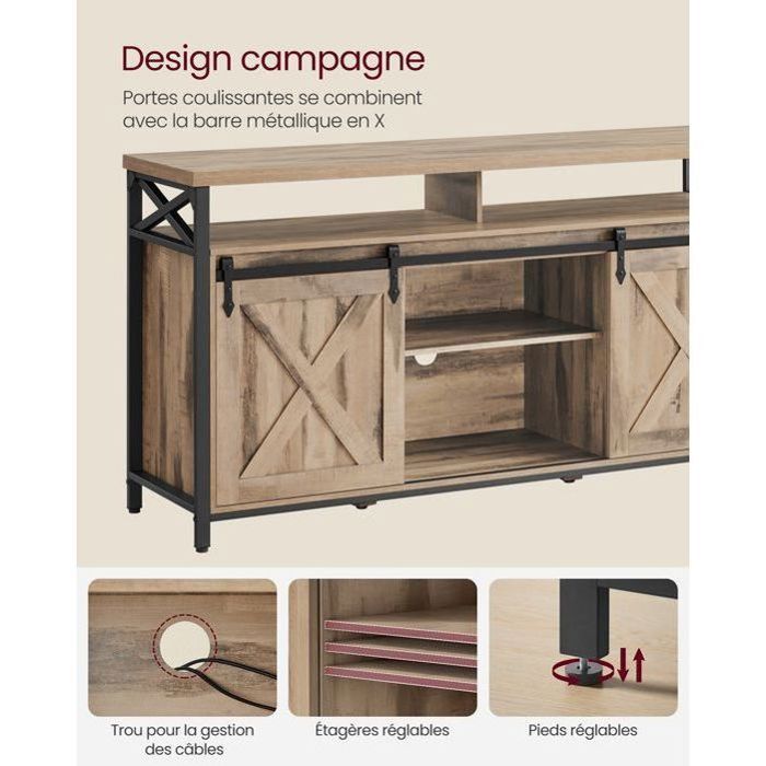 Mueble para TV de hasta 65 pulgadas, con estantes ajustables, puertas estilo granero, estructura metálica, color marrón camel y negro.