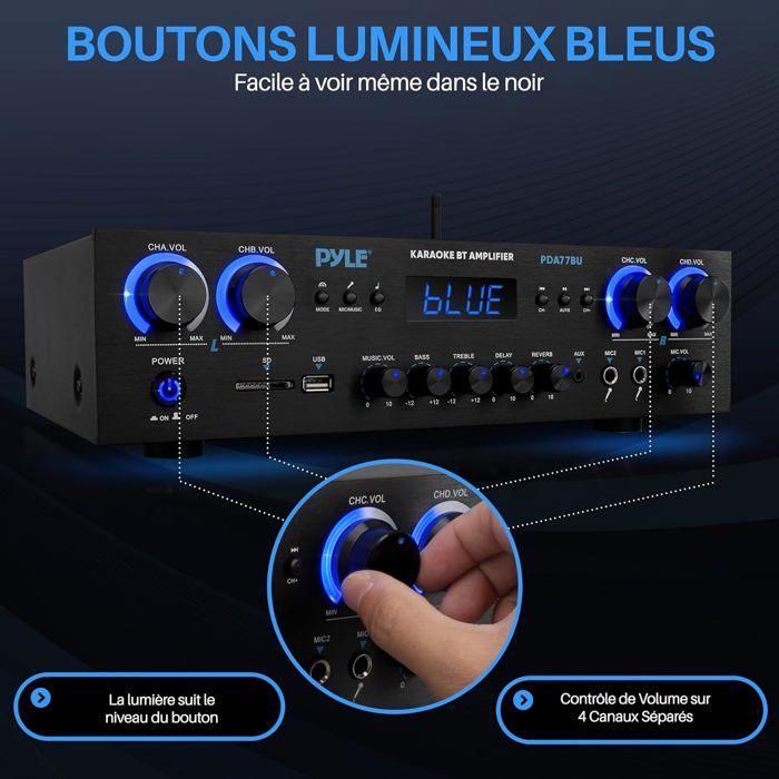 Pyle 800W 4-Kanal Bluetooth-Verstärker – MP3, USB, SD, AUX, RCA, FM, 2 Mikrofone