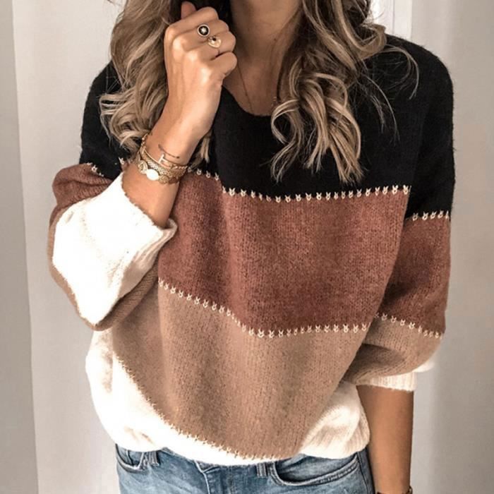 Jersey de mujer bicolor de cuello redondo y manga larga, estilo casual chic, otoño 2025, negro y marrón.