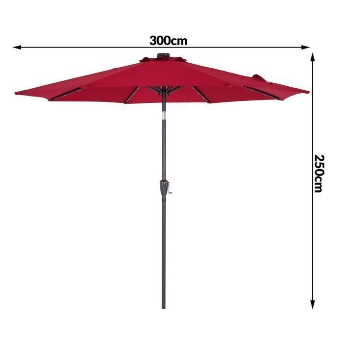 KINGSLEEVE® 300 cm roter Solar-LED-Gartenschirm, neigbarer Sonnenschutz mit Kurbel, UV-Schutz 80+