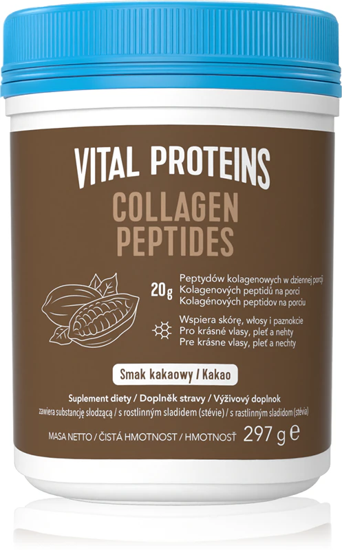 Suplemento alimentar de colágeno com cacau e peptídeos de colágeno da Vital Proteins para cabelos, pele e unhas saudáveis.