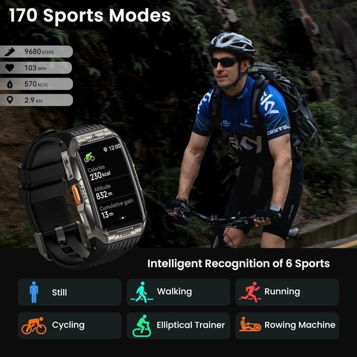 Montre Connectée homme SmartWatch GPS 5ATM KOSPET Tank X2 Ultra Tracker d'Activit pour Android iOS Samsung XIAOMI iphone - Noir