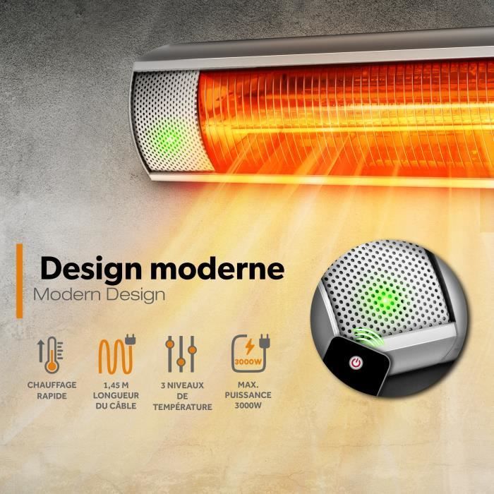 Calefactor infrarrojo exterior TRESKO de 3000 W | Calefactor radiante para patio | Montaje en pared | Control remoto | 3 niveles | Para interiores y exteriores