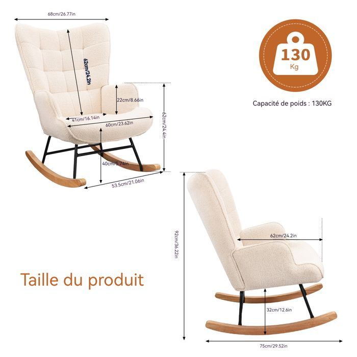 Fauteuil à bascule - SOMUBI - Beige - Bois massif - Cadre en métal - Dossier haut et rembourré