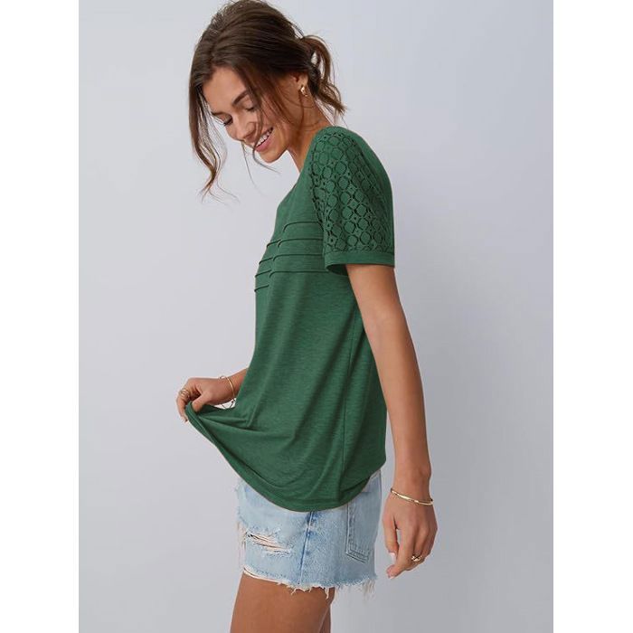Camiseta de manga corta con cuello redondo, elegante y cómoda para mujer, color verde.