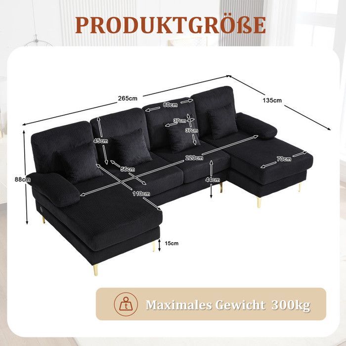 Wendbares 4-Sitzer-Ecksofa, U-förmiges Sofa mit LED-Beleuchtung und USB-C-Anschluss, 4 Kissen und hochwertiger ergonomischer Rückenlehne, Holz
