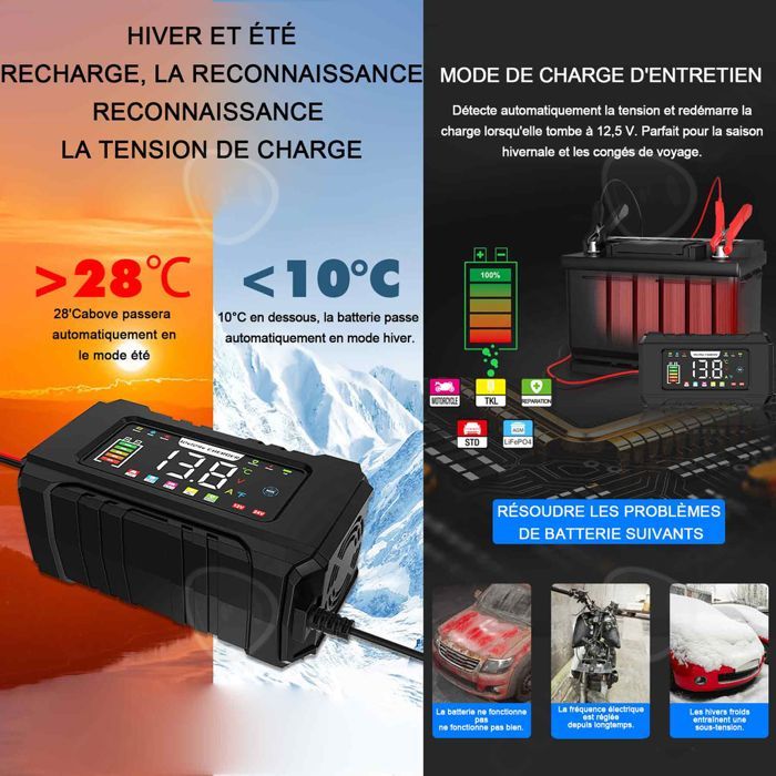Caricabatterie intelligente da 12V 15A, caricabatterie per auto con schermo tattile LCD, protezione multipla per auto e moto.