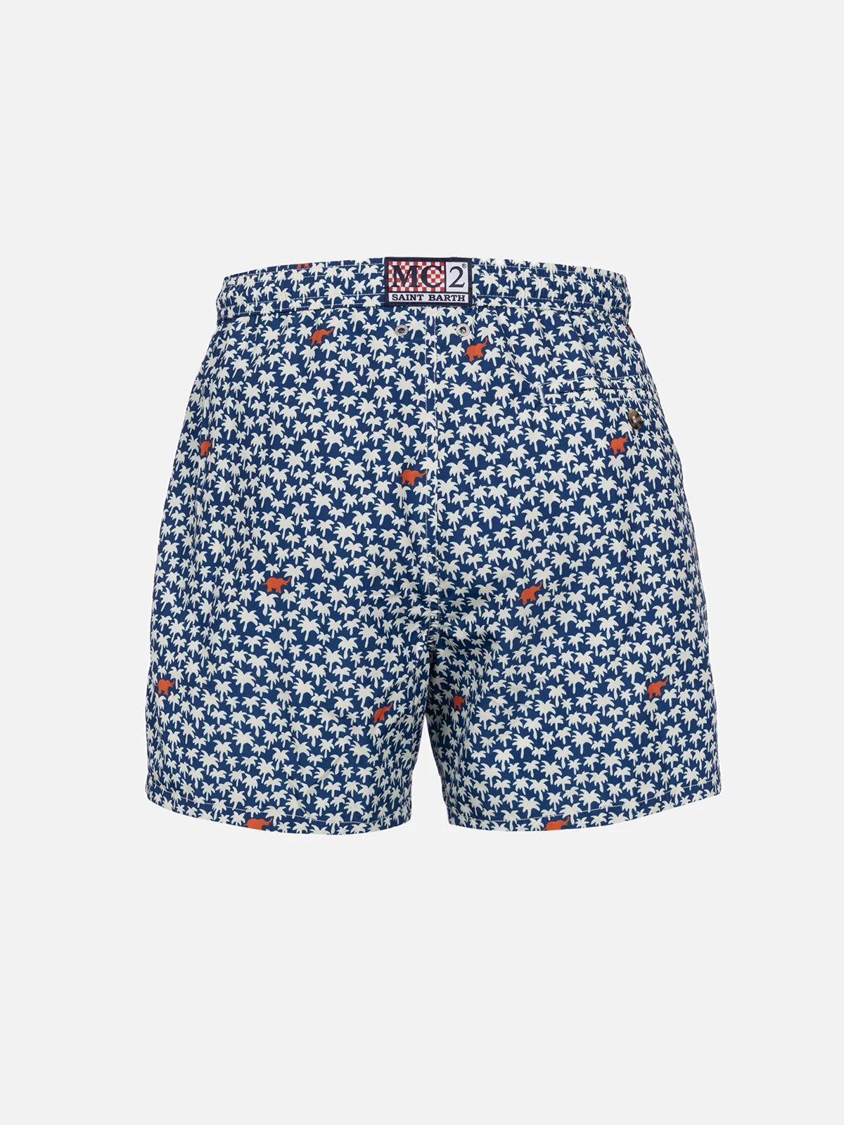 Man Lighting 70 Mid-Length Swim Shorts | Palms All-Over Print | Blue Backcloth | 100% Recycled Polyester | Adjustable Drawcord | MC2 Saint Barth