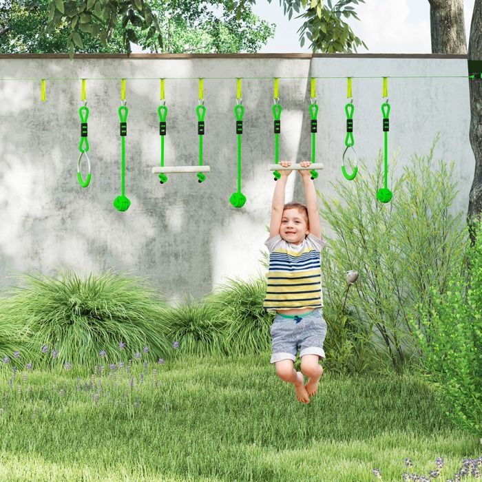 Parcours d'obstacles Ninja pour enfants - AIYAPLAY - 10 M - 7 pièces charge 50 kg - installation facile - vert