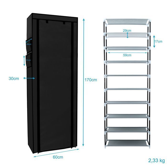 Intirilife Folding Storage Wardrobe 170x58x28 cm in Raven Black – Soft-Sided Non-Woven Fabric Wardrobe with Zipper
