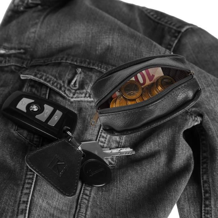 TK - Cartera para hombre - Piel auténtica - Negra - Para bolsillos de pantalón o chaqueta / Llavero TK1979