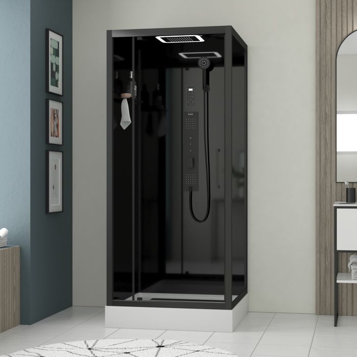 Mampara de ducha cuadrada Hydro de 90x90x218 cm - Puerta abatible - Panel trasero y perfiles en negro mate