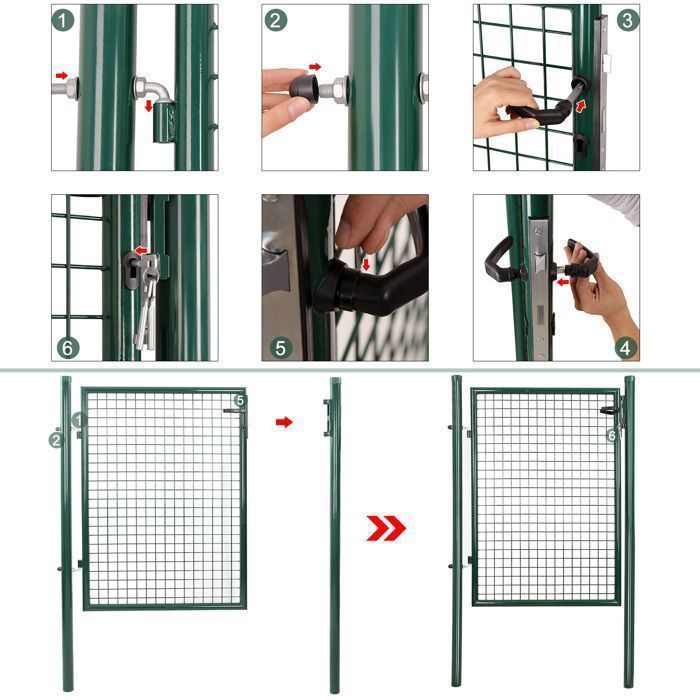 Puerta de jardín de malla de acero galvanizado SONGMICS, valla con cerradura, 90 x 106 cm, color verde.