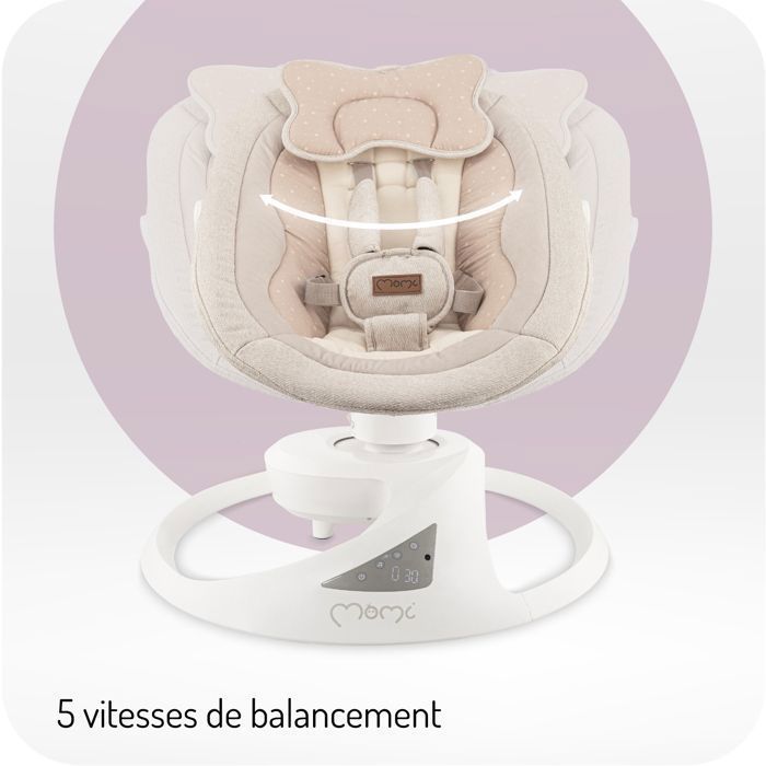 MoMi PEARL - Altalena elettrica per neonati a 360° - 5 velocità, 10 melodie, Bluetooth - Schienale regolabile - Barra giochi - Beige