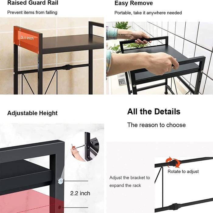 Kitchen Storage Unit, Microwave Oven Stand, Adjustable Length 40-64cm with 6 Removable Hooks - Black