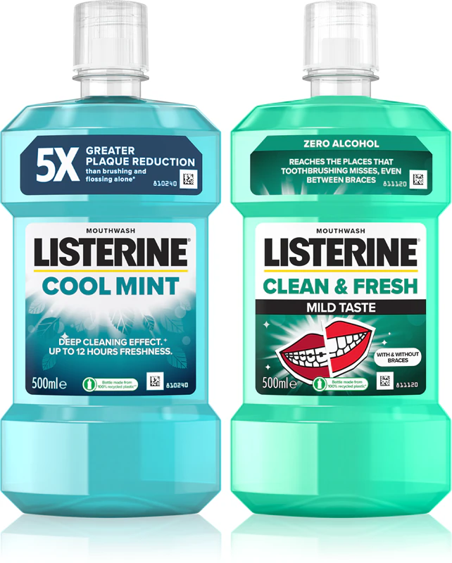 Enxaguante bucal Listerine Duopack, embalagem prática.
