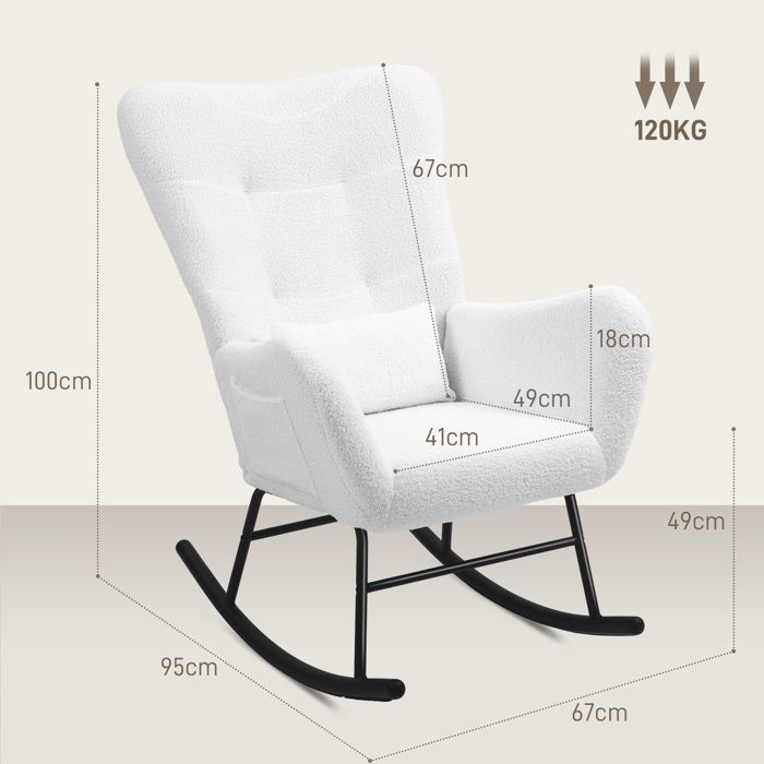 Fauteuil à bascule, fauteuil à bascule avec aspect nounours, accoudoirs, fauteuil d'allaitement avec patins en bois, coussin lomba