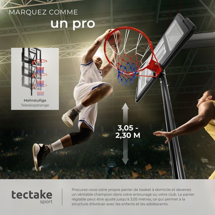 Aro de baloncesto - TECTAKE - Aro DIRK con balón, bomba y 2 redes con ruedas - 230 a 305 cm de altura
