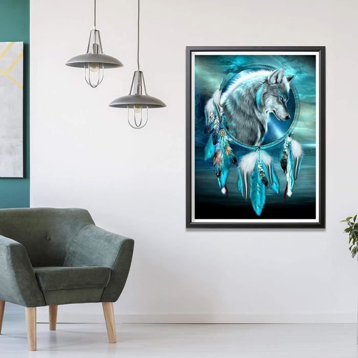 HM186651 Kit de pintura de diamantes DIY con animales y bordado de diamantes: Atrapasueños de lobo, 30x40cm