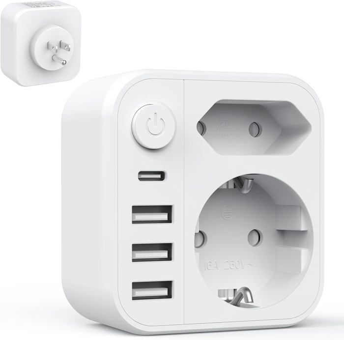 Adaptador de enchufe 6 en 1 de Francia a EE. UU./Canadá con 3 puertos USB-A y 1 puerto USB-C y 2 enchufes europeos, adaptador de enchufe de Francia a EE. UU.