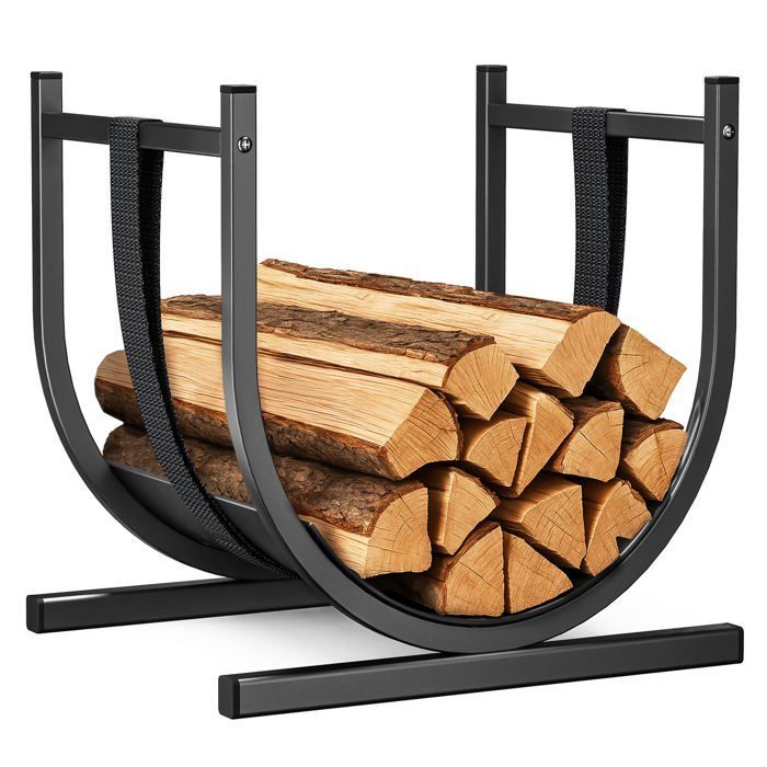 VOUNOT® Range bûche avec sangle de sécurité 41x37x39,5cm - Porte bûche en métal pour chéminée - Support à bois noir