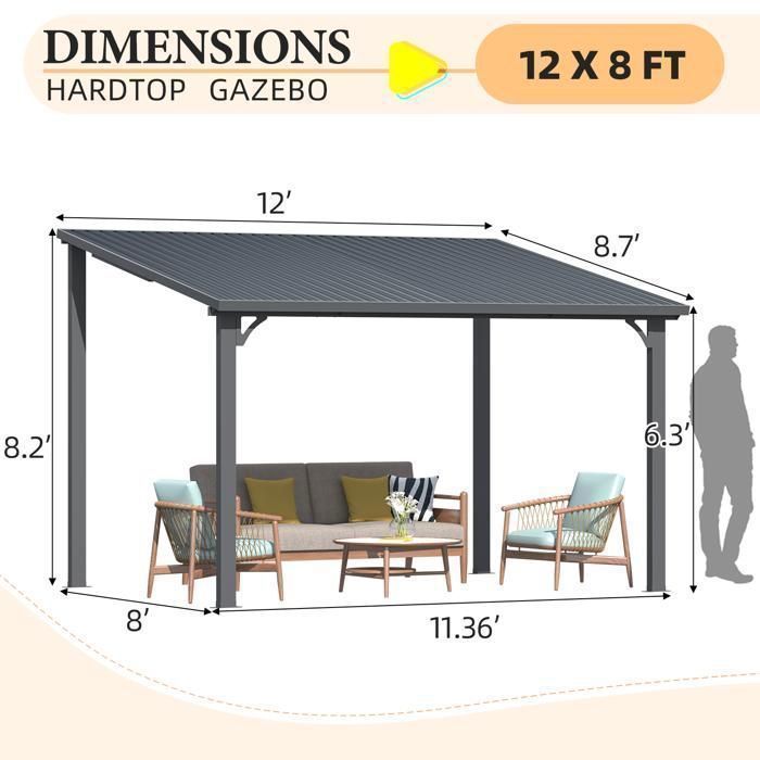 YODOLLA Pergola Murale en Aluminium avec Toit en Métal - Résistante aux intempéries - 2.65x3.65m - Noir