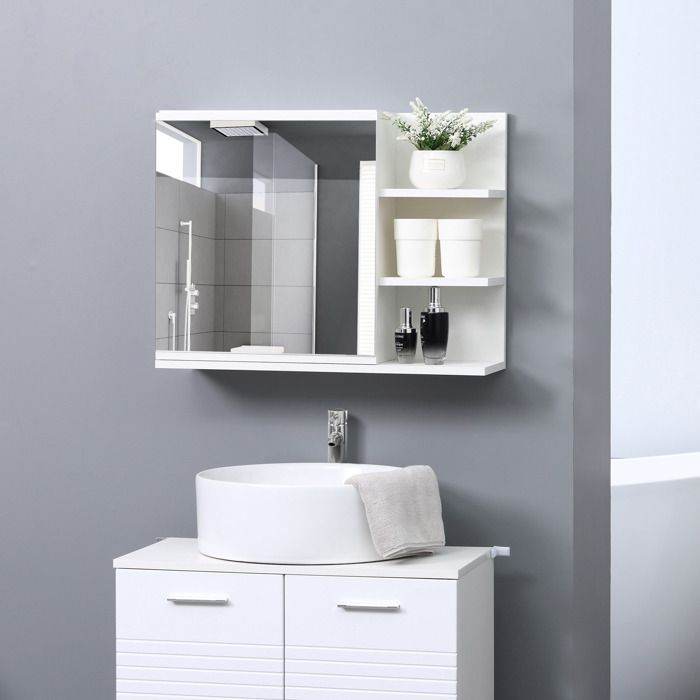 Armario con espejo - Kleankin - baño con estante, 3 estantes laterales para almacenamiento - madera - blanco