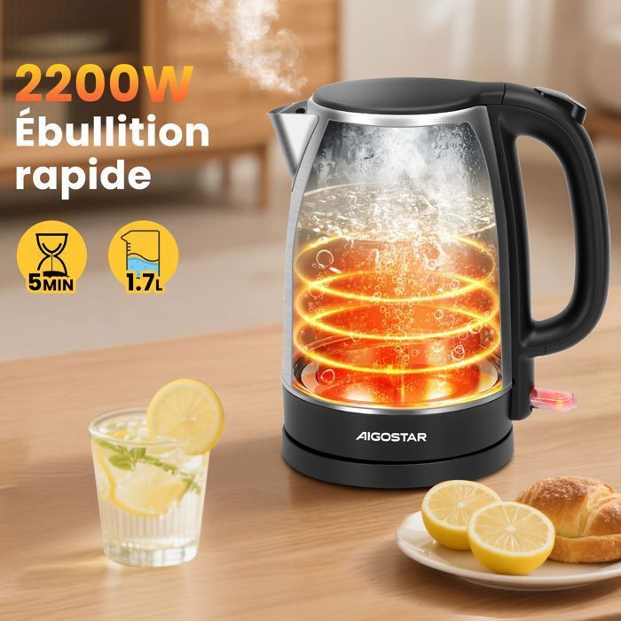 Aigostar Milo- Bouilloire Électrique Inox,Bouilloir 1,7 L 2200W avec Filtre Anticalcaire,Arrêt Automatique,Sans BPA, Noire