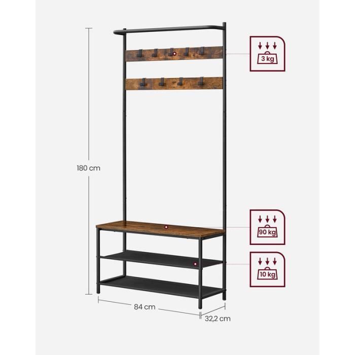 Set di mobili da ingresso VASAGLE con panca e scarpiera, 9 ganci rimovibili, asta appendiabiti, 32,2 x 84 x 180 cm, marrone e nero