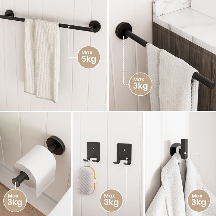 Bathroom accessory set - CECIPA MAX - Black - Stainless steel - 2 towel rails - Hooks