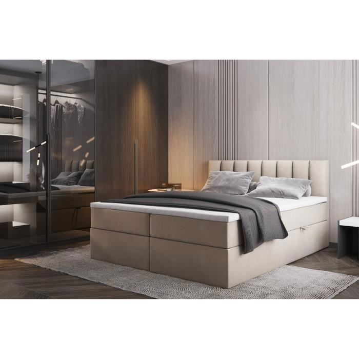 Cama PALERMO para adultos de 160x200 cm - con colchón de muelles integrado, espacio de almacenamiento y sobrecolchón - tejido de terciopelo - beige