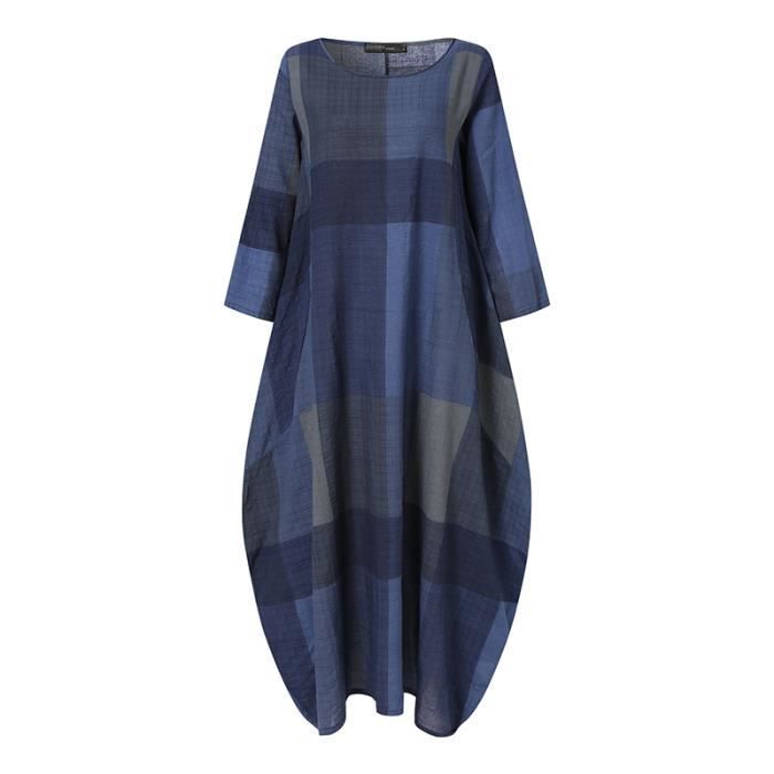 Vestido de fiesta informal de manga larga a cuadros estilo vintage para mujer, azul