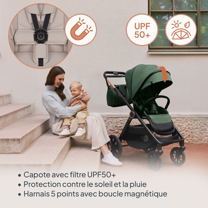 Poussette combinée 2en1 LIONELO Layla - Naissance jusqu'à 22kg - Pack poussette Duo, Nacelle, sac et accessoires - Beige