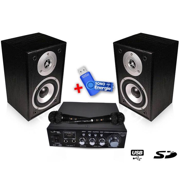 Kit karaoke completo HC800-BK USB/SD 100W + altoparlante + 2 microfoni + chiavetta USB da 32GB