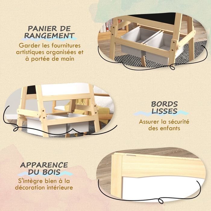Pizarra de caballete - AIYAPLAY - pizarra blanca de doble cara para niños, rollo de papel, cestas - madera de pino - natural