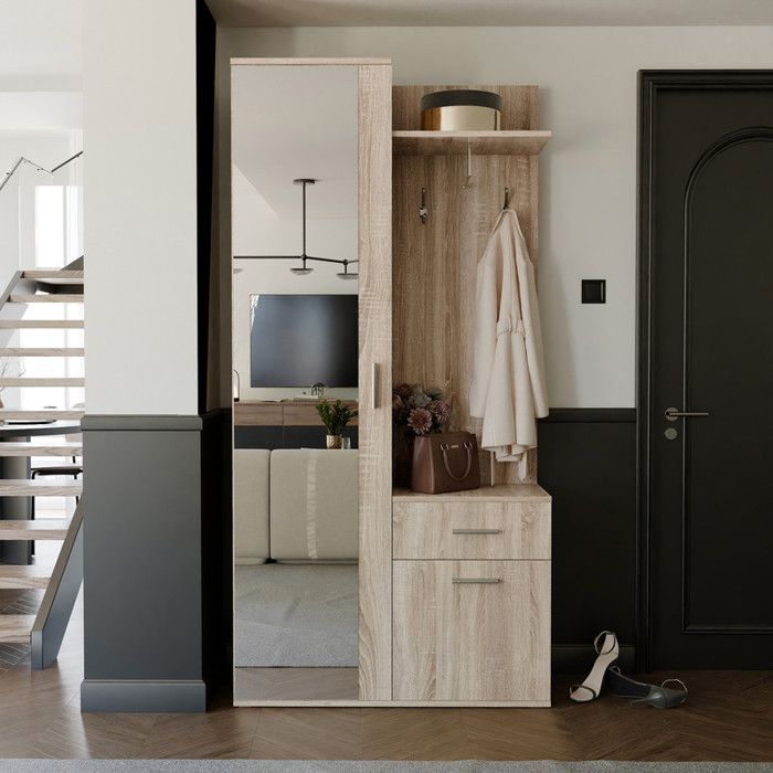 LEA Kleiderschrank mit Spiegel – Garderobenständer mit Haken und Schublade – Sonoma-Eiche – 97 x 30 x 195 cm