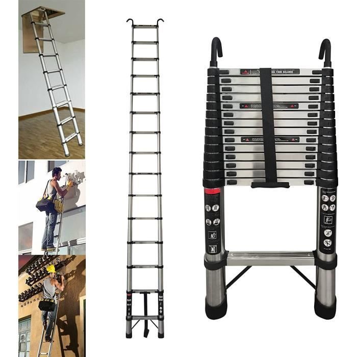 Échelle Télescopique 4,4M 14,4FT en Acier inoxydable Argent avec Crochets de Toit Telescopic Ladder Pliable Extensible Échelles