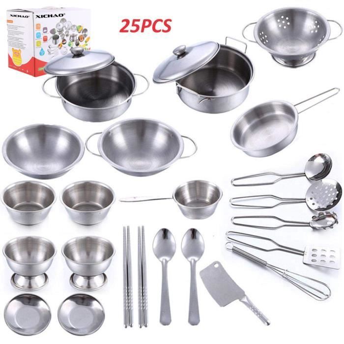 Set da cucina giocattolo per bambini da 25 pezzi, con utensili robusti in acciaio inossidabile.
