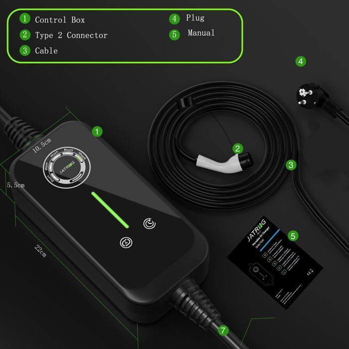 JATRHG EV Chargeur 10M 3.6KW-1.5KW 16A|13A|10A|8A Type 2 Câble de Charge Voiture Electrique Portable Courant Commutable chargeur EV