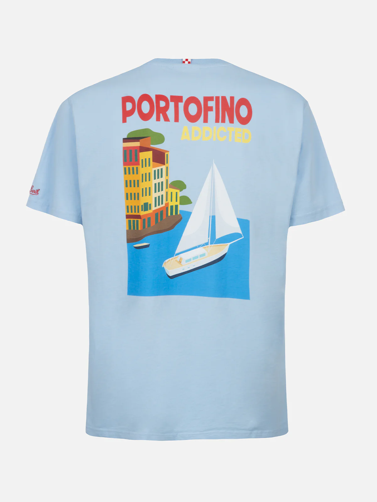 Heren katoenen T-shirt met print van een ansichtkaart van Portofino