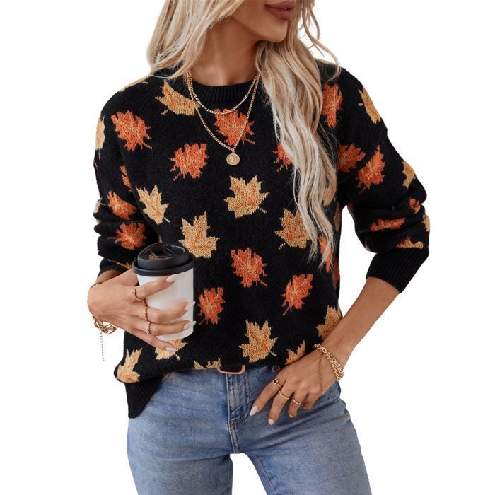 Pull Femme – Feuilles d’Érable Jacquard – Automne Hiver – Col Rond – Manches Longues-Noir
