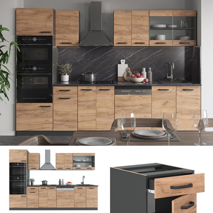R-Line 300cm keuken met hoge kast, PT Eiken, Goud Eiken, Antraciet, Vicco 43153