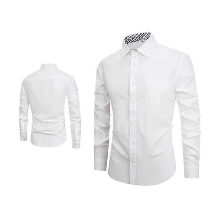 Camisa de manga larga con cuello a cuadros, corte ajustado, talla grande, para hombre, elegante color liso - Talla europea - Blanco